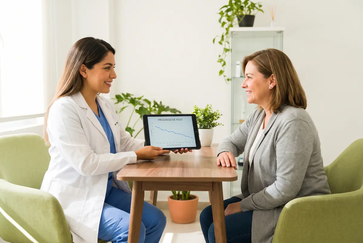 Doctora mostrando la gráfica de progreso a una paciente en su tablet